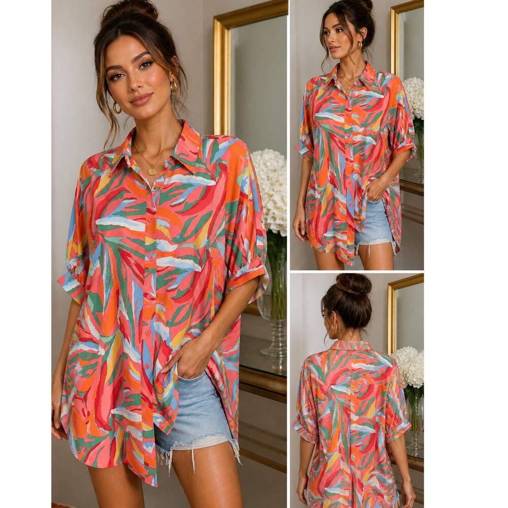Jess Lea Tropical Print Tunic Top Button Front Bright Resort Blouse Size M